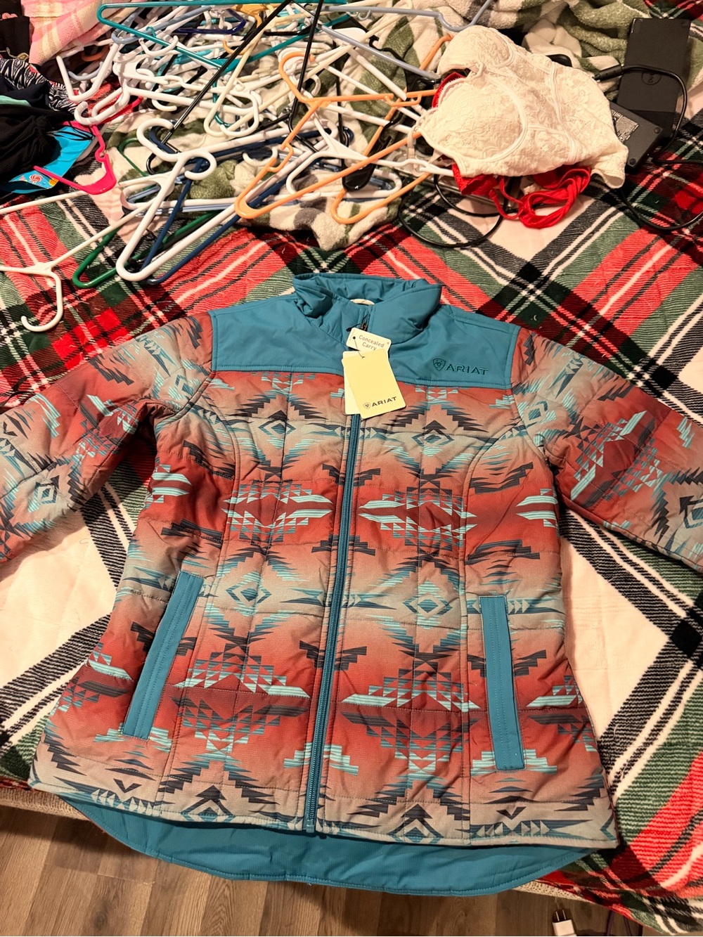Ariat Teal and Rust Southwestern Pattern Insulated Puffer Jacket
